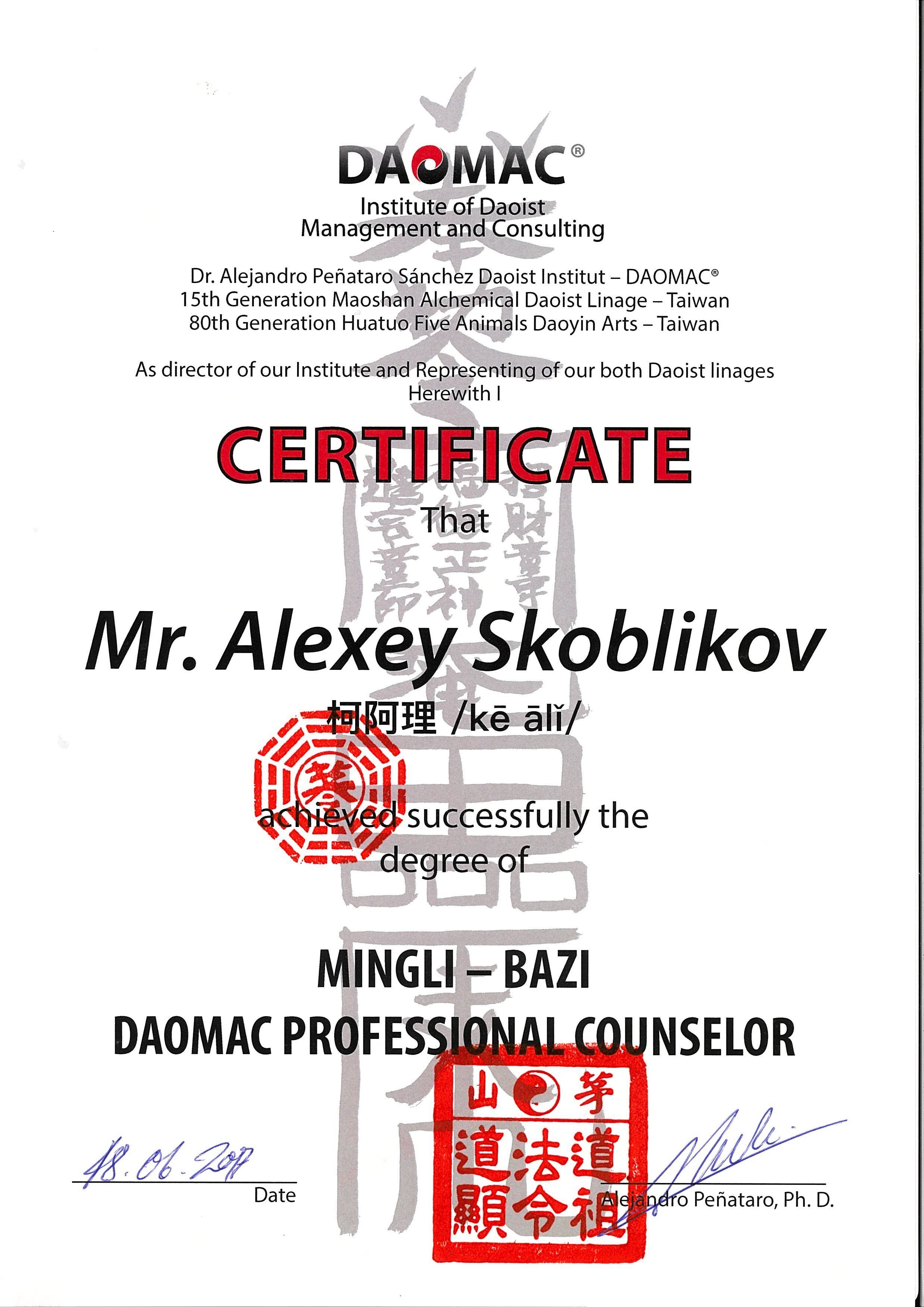 Скан сертификата: Консультант Минли Бацзы