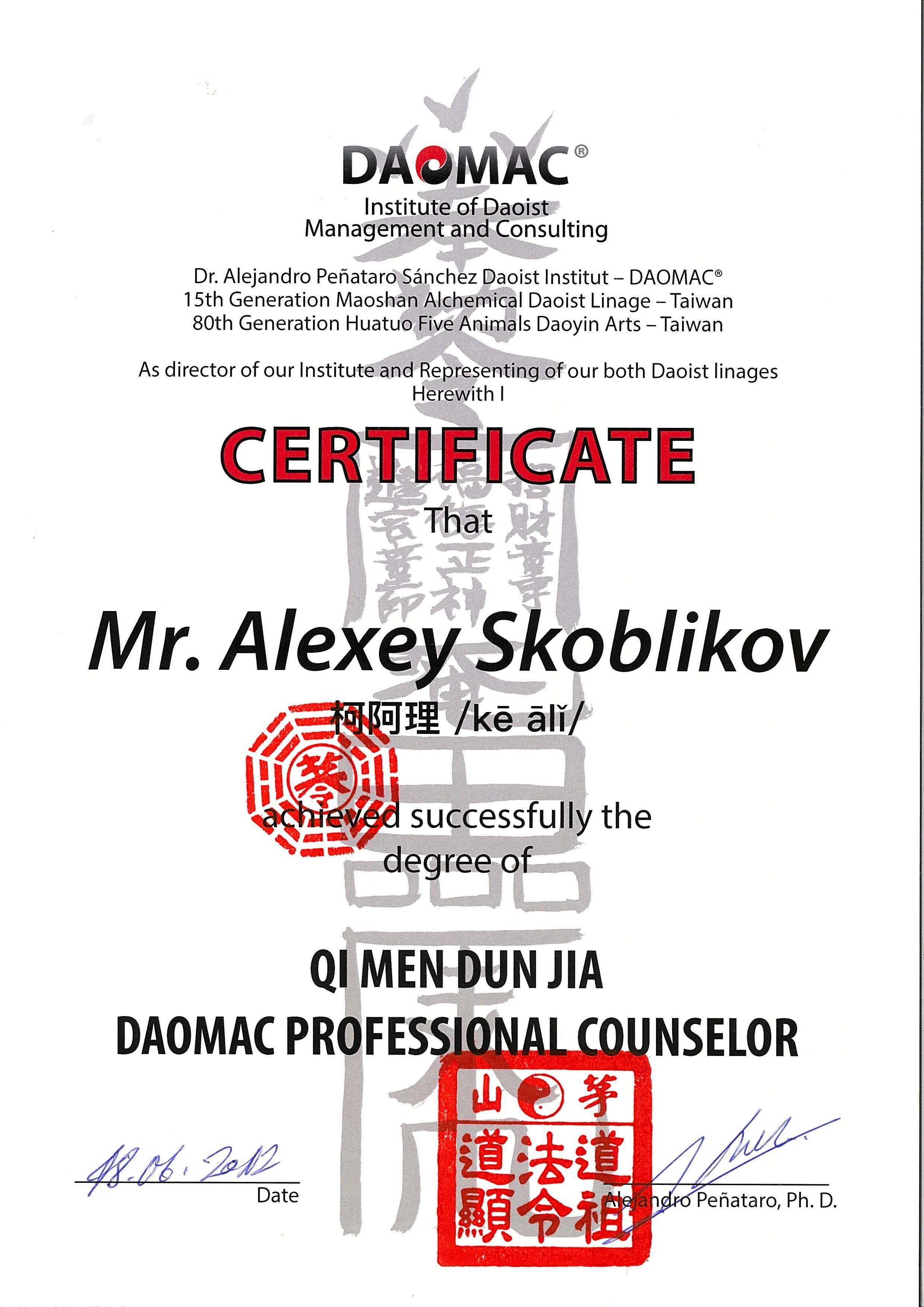 Скан сертификата: Консультант Ци мэнь Дунь цзя